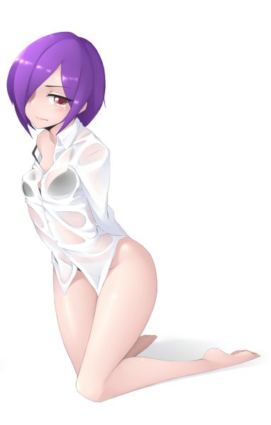 Anime picture 1000x1570 with original blue paper roll single tall image looking at viewer blush fringe short hair breasts light erotic simple background red eyes white background purple hair hair over one eye kneeling girl shirt lingerie bra