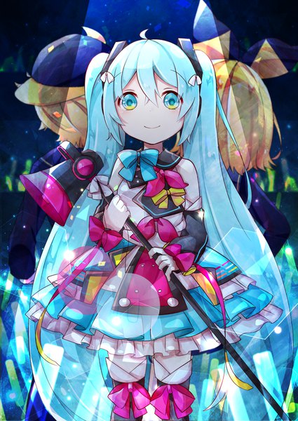 Anime picture 1003x1416 with vocaloid magical mirai (vocaloid) rettou joutou (vocaloid) hatsune miku kagamine rin kagamine len magical mirai miku magical mirai miku (2018) sazanami (ripple1996) tall image looking at viewer fringe short hair blonde hair smile hair between eyes standing twintails multiple girls ahoge
