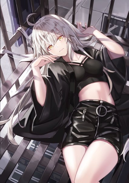 Anime picture 1063x1500 with fate (series) fate/grand order jeanne d'arc (fate) (all) jeanne d'arc alter (fate) whitecrow4444 single long hair tall image looking at viewer blush fringe breasts hair between eyes yellow eyes payot silver hair ahoge lying from above open clothes