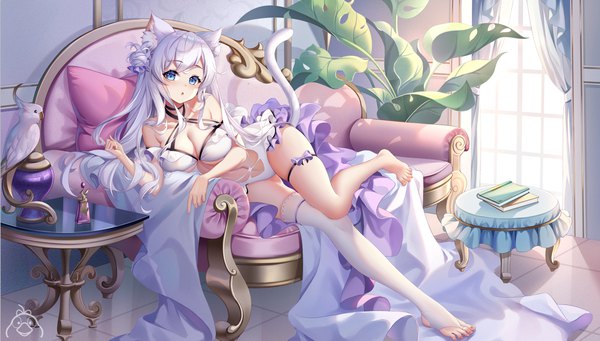 Anime picture 2038x1159 with original yue xiao e single long hair looking at viewer blush fringe highres breasts open mouth blue eyes light erotic wide image large breasts animal ears cleavage silver hair full body bent knee (knees) indoors