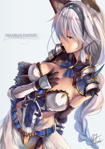 Anime picture 735x1040 with granblue fantasy heles fukai ryosuke long hair tall image fringe breasts light erotic simple background large breasts standing brown eyes signed animal ears looking away silver hair upper body profile from above cat ears