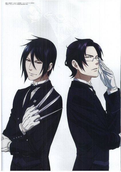 Anime picture 1636x2327 with kuroshitsuji a-1 pictures sebastian michaelis claude faustus tall image looking at viewer short hair black hair simple background smile red eyes yellow eyes light smile scan official art multiple boys back to back butler boy gloves
