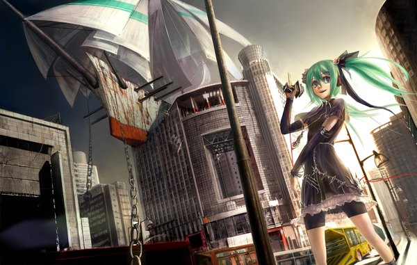 Anime picture 1637x1040 with vocaloid hatsune miku intuos9 (artist) twintails green hair city girl chain ground vehicle watercraft ship bus