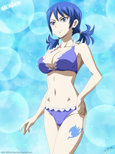Anime picture 1280x1709 with fairy tail juvia lockser naruto999-by-roker single long hair tall image blue eyes light erotic smile twintails blue hair tattoo hand on hip coloring low twintails girl navel swimsuit bikini