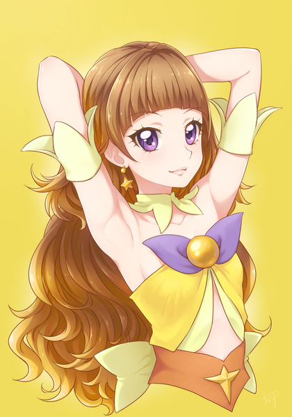 Anime picture 840x1200 with precure go! princess precure toei animation amanogawa kirara cure twinkle chocokin single long hair tall image looking at viewer fringe simple background brown hair purple eyes upper body blunt bangs armpit (armpits) arms behind head yellow background magical girl