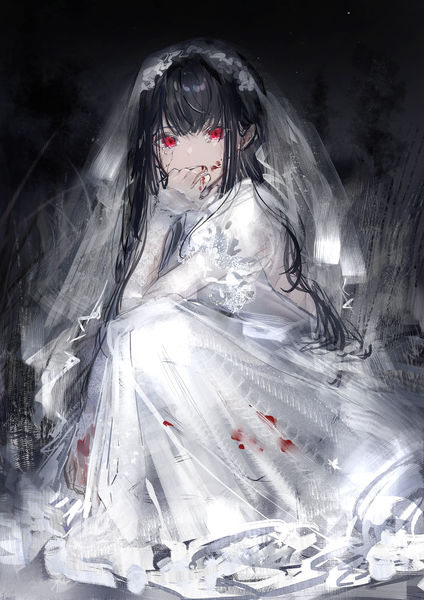 Аниме картинка 2896x4096 с оригинальное изображение nanaponi один (одна) длинные волосы высокое изображение смотрит на зрителя чёлка высокое разрешение чёрные волосы красные глаза сидит слёзы кровь на лице кровь на одежде девушка платье белое платье кровь свадебное платье фата