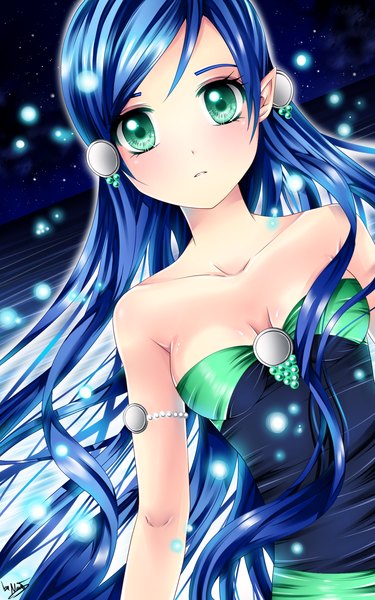 Anime picture 1200x1920 with original nami (nyaa) single long hair tall image looking at viewer blush bare shoulders green eyes blue hair pointy ears girl dress