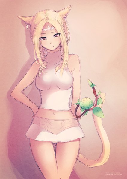 Anime picture 1414x2000 with final fantasy final fantasy xiv square enix miqo'te tom skender single long hair tall image light erotic blonde hair smile red eyes bare shoulders animal ears tail braid (braids) animal tail cat ears bare belly shadow