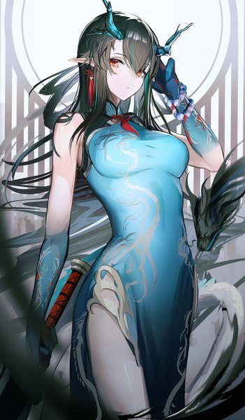 Anime picture 2340x3998 with arknights dusk (arknights) dusk (everything is a miracle) (arknights) hiyaori (hiyahiyaval) single long hair tall image looking at viewer fringe highres black hair hair between eyes red eyes traditional clothes multicolored hair arm up horn (horns) pointy ears streaked hair sleeveless
