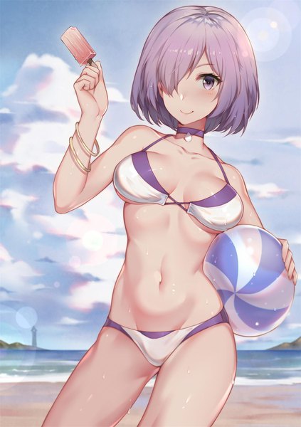 Anime picture 1200x1702 with fate (series) fate/grand order mash kyrielight hua-j single tall image looking at viewer blush fringe short hair breasts light erotic smile large breasts standing purple eyes bare shoulders holding sky cleavage