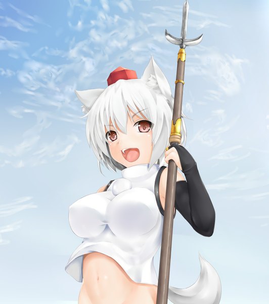 Anime picture 1950x2200 with touhou inubashiri momiji nikonikosiro single tall image highres short hair open mouth light erotic red eyes animal ears cloud (clouds) white hair animal tail girl navel detached sleeves spear