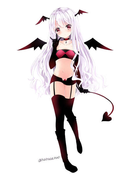 Anime picture 707x1000 with original nanase nao single long hair tall image looking at viewer blush fringe light erotic simple background red eyes standing white background bare shoulders signed silver hair full body tail bare belly midriff