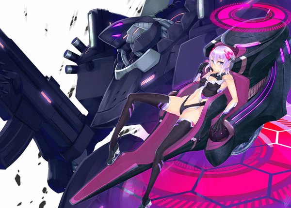 Anime picture 2412x1732 with original pixiv fantasia ayaki (artist) single looking at viewer highres short hair blue eyes bare shoulders silver hair purple hair girl thighhighs gloves navel weapon black thighhighs robot mecha