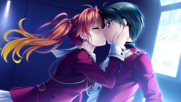 Anime picture 1920x1080 with hello lady akatsuki-works akahito tamao long hair highres short hair black hair wide image purple eyes game cg ponytail eyes closed multicolored hair orange hair two-tone hair couple side ponytail kiss girl boy