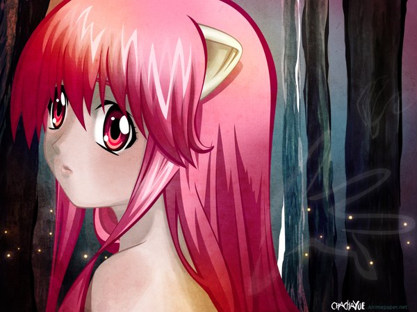 Anime picture 1600x1200 with elfen lied arms corporation lucy lynn okamoto (artist) single long hair looking at viewer red eyes animal ears pink hair pink eyes cat ears loli wallpaper sad girl plant (plants) tree (trees)