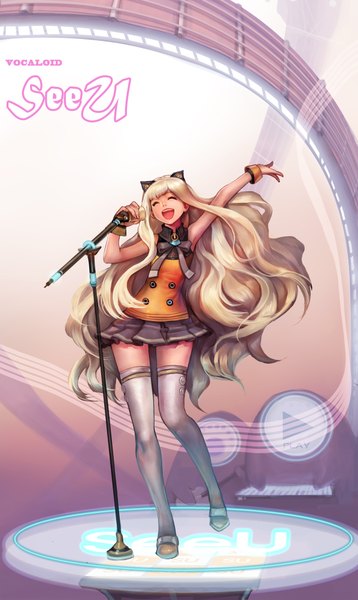 Anime picture 1196x2000 with vocaloid seeu gd choco single long hair tall image open mouth blonde hair animal ears eyes closed realistic inscription singing music girl thighhighs skirt miniskirt white thighhighs wrist cuffs
