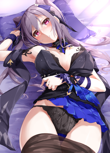 Anime picture 1300x1800 with genshin impact keqing (genshin impact) keqing (opulent splendor) (genshin impact) fuyuno taka (artist) single long hair tall image looking at viewer blush breasts light erotic large breasts twintails bare shoulders cleavage purple hair lying long sleeves parted lips head tilt