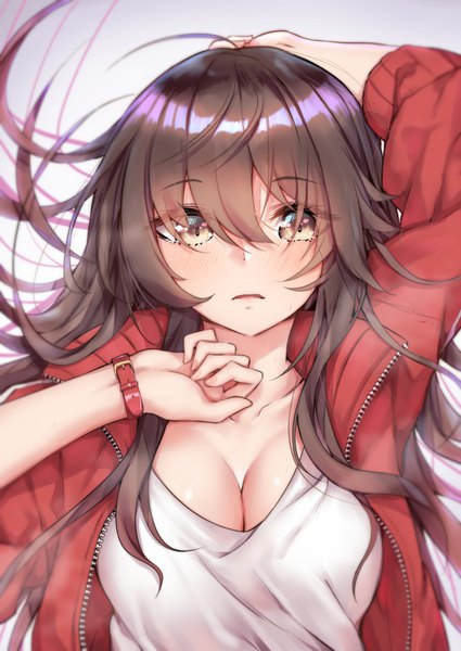 Anime picture 1032x1457 with original sahara386 single long hair tall image looking at viewer blush fringe breasts open mouth light erotic simple background brown hair brown eyes cleavage upper body arm up open jacket sweat arm behind head