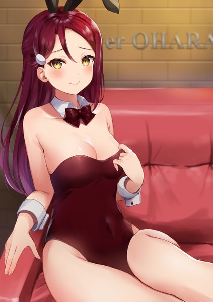 Anime picture 2039x2894 with love live! sunshine!! sunrise (studio) love live! sakurauchi riko mia (fai1510) single long hair tall image looking at viewer blush fringe highres breasts light erotic smile hair between eyes large breasts sitting bare shoulders animal ears