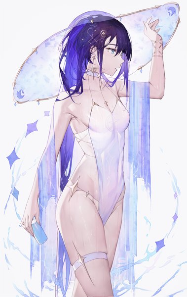 Anime picture 3156x5000 with genshin impact mona megistus qiandaiyiyu single long hair tall image fringe highres breasts open mouth light erotic simple background hair between eyes standing white background holding looking away absurdres purple hair ponytail