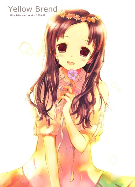 Anime picture 1200x1650 with original takeda mika single long hair tall image looking at viewer blush open mouth simple background brown hair white background holding brown eyes hair flower inscription twisty sleeves girl hair ornament flower (flowers) ribbon (ribbons)