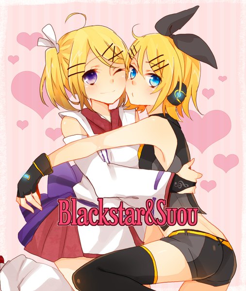 Anime picture 1232x1456 with vocaloid kagamine rin tagme (artist) tall image blush short hair blue eyes blonde hair smile purple eyes twintails multiple girls hug short twintails girl 2 girls
