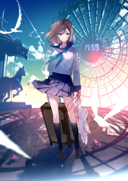 Anime picture 1158x1637 with original miwano rag single tall image looking at viewer fringe short hair blue eyes hair between eyes brown hair standing holding sky cloud (clouds) full body long sleeves pleated skirt wind skirt flip wind lift