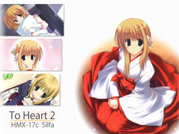 Anime picture 1280x960 with to heart 2 leaf (studio) silfa nakamura takeshi long hair looking at viewer blush blonde hair sitting green eyes japanese clothes light smile copyright name character names multiview miko third-party edit floor pillow hug headshop