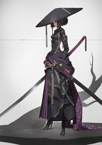 Anime picture 1061x1500 with original yucca-612 (neco) single tall image short hair breasts black hair simple background standing purple eyes holding looking away full body traditional clothes japanese clothes profile grey background high heels mecha musume science fiction