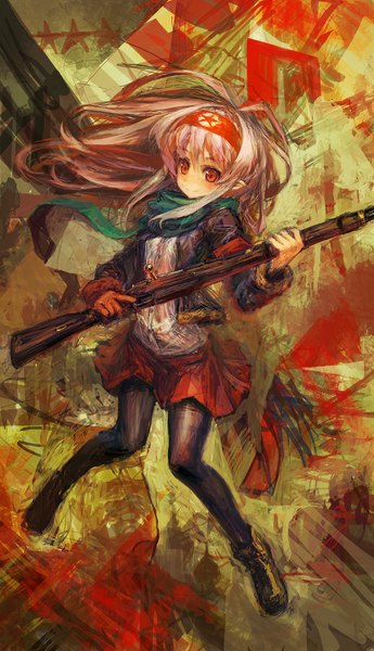 Anime picture 1300x2258 with original lm7 (op-center) single long hair tall image looking at viewer fringe smile red eyes pink hair girl dress skirt gloves weapon miniskirt shirt pantyhose boots scarf
