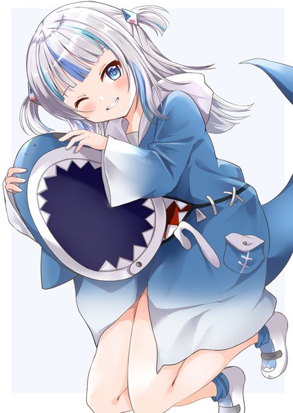 Anime-Bild 708x1000 mit virtual youtuber hololive hololive english gawr gura gawr gura (1st costume) rikopin single long hair tall image looking at viewer blush blue eyes simple background silver hair tail one eye closed wink two side up hat removed headwear removed