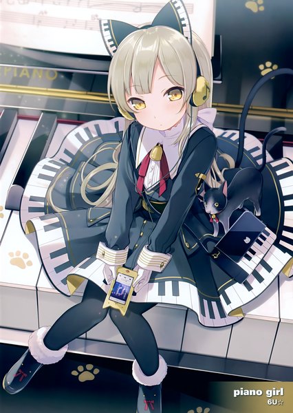 Anime picture 2488x3500 with original 6u (eternal land) single long hair tall image looking at viewer highres yellow eyes white hair scan official art girl dress bow hair bow animal headphones cat musical instrument piano