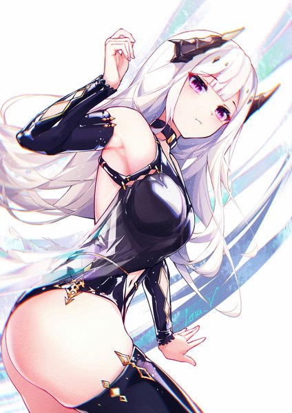 Anime picture 2000x2828 with original leria v single long hair tall image looking at viewer fringe highres breasts light erotic simple background standing white background purple eyes bare shoulders signed silver hair ass blunt bangs arm up