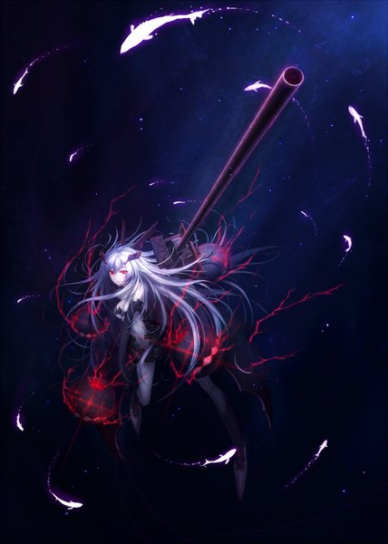 Anime picture 1200x1683 with kantai collection anchorage hime horai no han gengetsu single long hair tall image looking at viewer red eyes silver hair glowing dark background glowing eye (eyes) underwater glow girl hair ornament weapon animal gun fish (fishes)