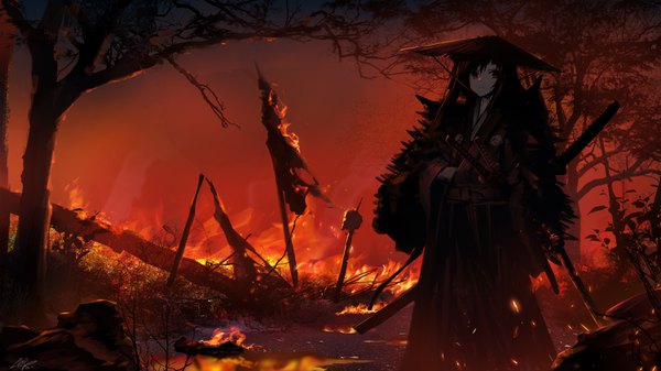 Anime picture 3000x1688 with original wu lun wujin single long hair looking at viewer highres brown hair wide image standing brown eyes signed outdoors traditional clothes japanese clothes night wide sleeves samurai burning girl weapon