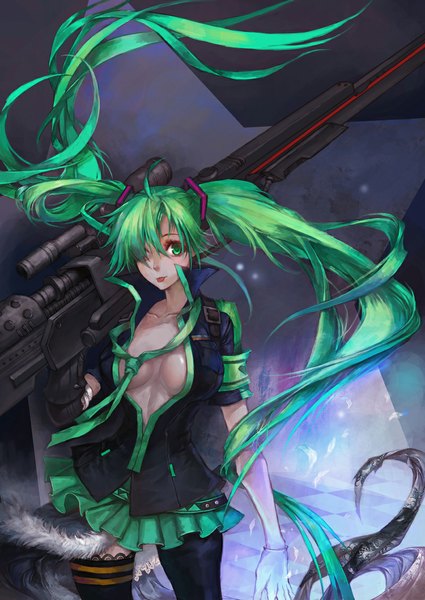 Anime picture 800x1130 with vocaloid hatsune miku single long hair tall image fringe breasts light erotic twintails green eyes very long hair pleated skirt green hair wind hair over one eye open clothes open jacket light checkered floor girl