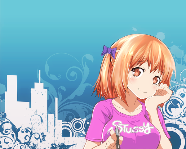 Anime picture 1000x800 with hataraku maou-sama! white fox sasaki chiho tom (drpow) single looking at viewer blush short hair breasts smile large breasts holding head tilt orange hair orange eyes blue background clothes writing girl bow hair bow