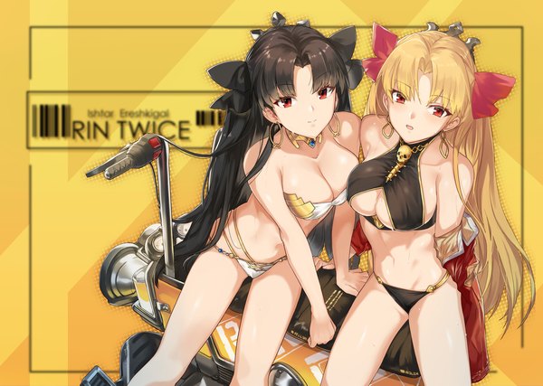 Anime picture 2048x1456 with fate (series) fate/grand order ishtar (fate) ereshkigal (fate) ohland long hair looking at viewer blush fringe highres breasts open mouth light erotic black hair blonde hair red eyes large breasts sitting multiple girls cleavage