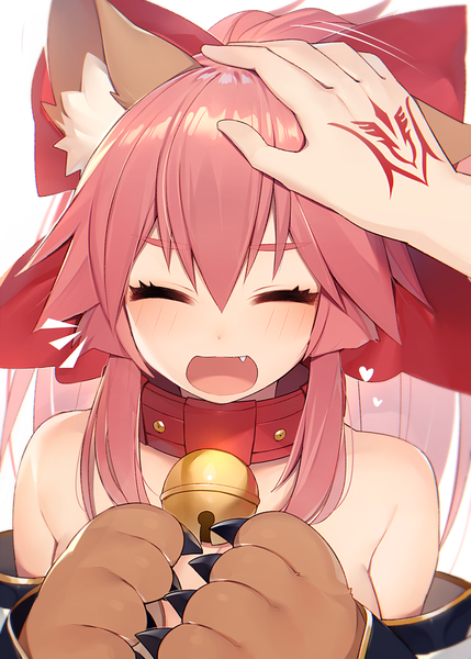 Anime picture 715x1000 with fate (series) fate/grand order tamamo (fate) (all) fujimaru ritsuka (male) tamamo cat (fate) muryotaro long hair tall image blush fringe open mouth simple background hair between eyes white background bare shoulders animal ears pink hair upper body ponytail eyes closed