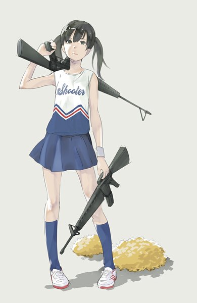 Anime picture 700x1075 with original popman3580 single long hair tall image looking at viewer fringe black hair simple background standing twintails holding black eyes grey background shadow cheerleader girl skirt uniform weapon