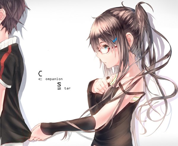 Anime picture 1000x819 with original hadean92 long hair blush blue eyes brown hair bare shoulders profile hand on chest girl dress boy glasses black dress