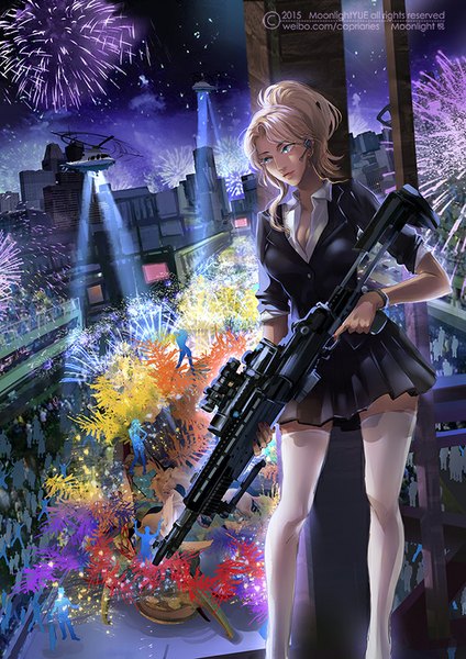Anime picture 600x849 with moonlight (moonlighttu) long hair tall image blue eyes blonde hair holding signed looking away ponytail pleated skirt night night sky city cityscape open collar city lights twisty sleeves fireworks surgery girl