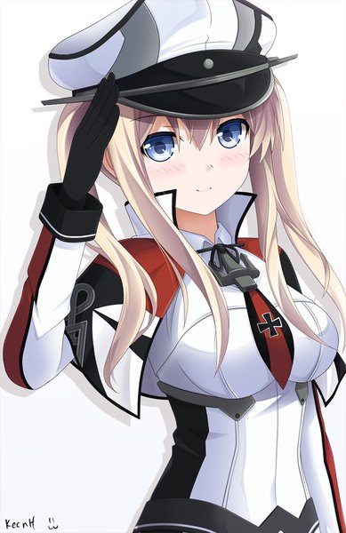 Anime picture 648x1000 with kantai collection graf zeppelin (kantai collection) keenh single long hair tall image looking at viewer blush fringe breasts blue eyes simple background blonde hair smile hair between eyes standing white background twintails signed payot