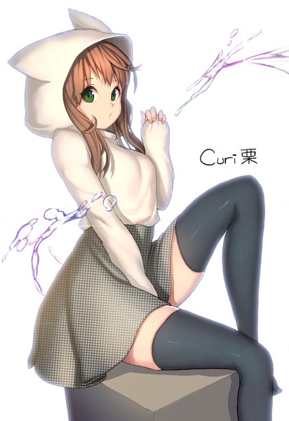 Anime picture 1098x1596 with original kuri choko single long hair tall image looking at viewer simple background brown hair white background sitting green eyes signed arm up sleeves past wrists leg lift (legs lift) between legs animal hood :t girl thighhighs