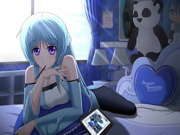 Anime picture 1024x768 with original ayasaki tennousu long hair looking at viewer blush purple eyes bare shoulders blue hair sunlight cute girl detached sleeves sweets pillow toy stuffed animal teddy bear room pocky