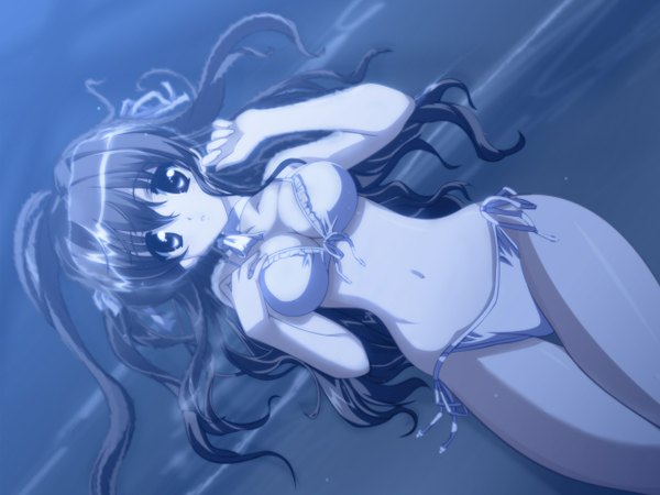 Anime picture 1280x960 with nogizaka haruka no himitsu nogizaka haruka long hair breasts light erotic brown hair brown eyes lying wallpaper underwater wide hips swimsuit bikini choker side-tie bikini