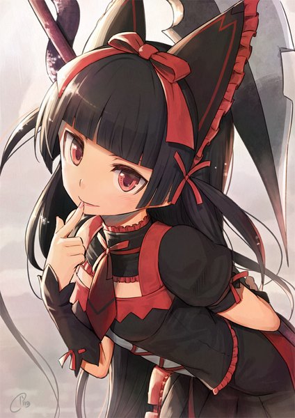 Anime picture 706x998 with gate - jieitai ka no chi nite kaku tatakaeri a-1 pictures rory mercury piro (orip) single long hair tall image looking at viewer blush fringe black hair smile red eyes signed upper body blunt bangs leaning leaning forward lipstick finger to mouth