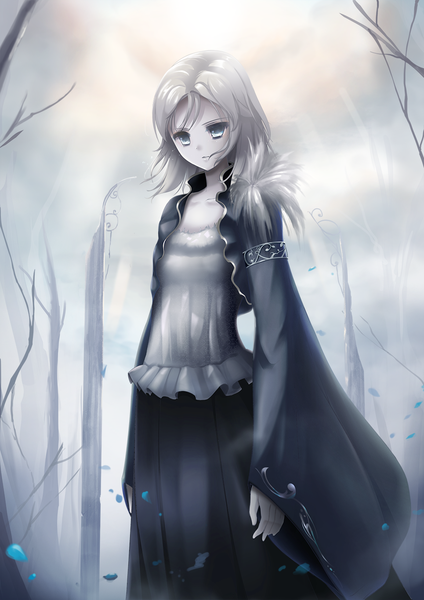 Anime picture 965x1365 with original riburanomind single tall image looking at viewer short hair blue eyes white hair girl dress plant (plants) tree (trees)