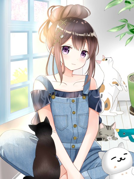 Anime picture 1800x2400 with original ryoutan single tall image looking at viewer blush fringe highres short hair hair between eyes brown hair sitting purple eyes bare shoulders payot indoors head tilt light smile sunlight off shoulder