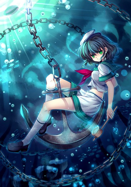 Anime picture 800x1137 with touhou murasa minamitsu capura lin single tall image looking at viewer short hair black hair green eyes underwater girl chain bubble (bubbles) sailor suit peaked cap anchor